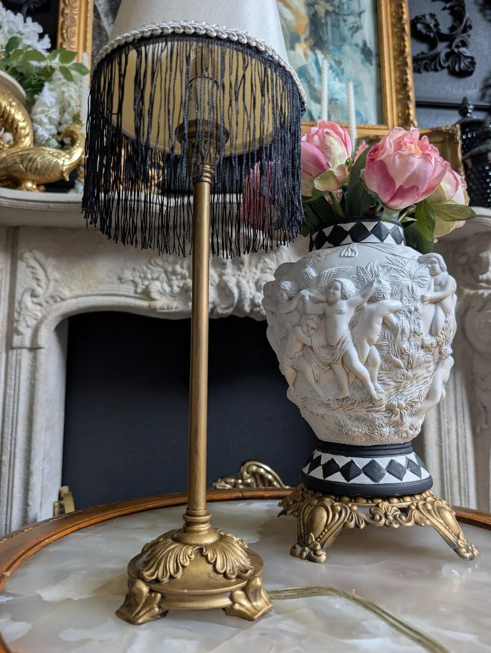 Vintage, Petite, Hollywood Regency Gold Boudoir Footed Table Lamp w/ Black Frin